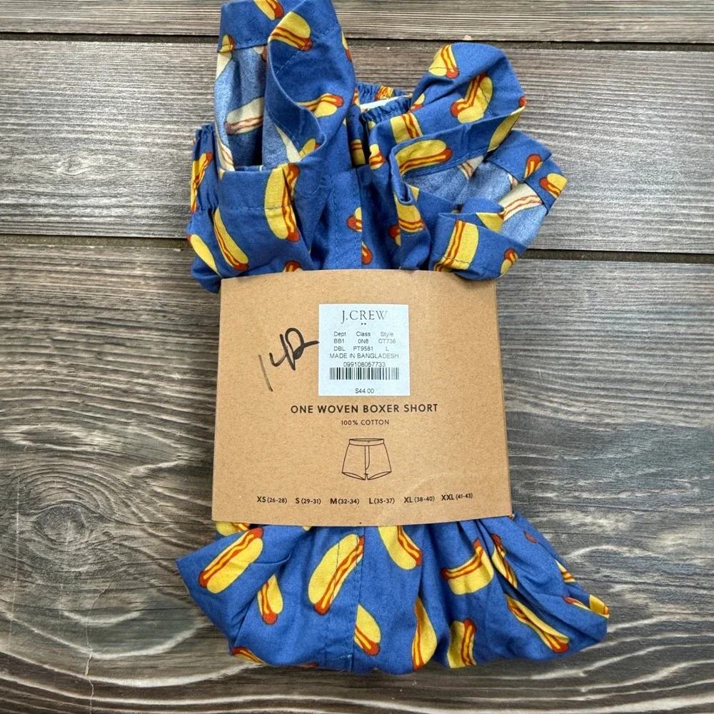J.Crew Mens L Woven Boxer Short Blue Hot Dog Print Novelty Cotton NWT